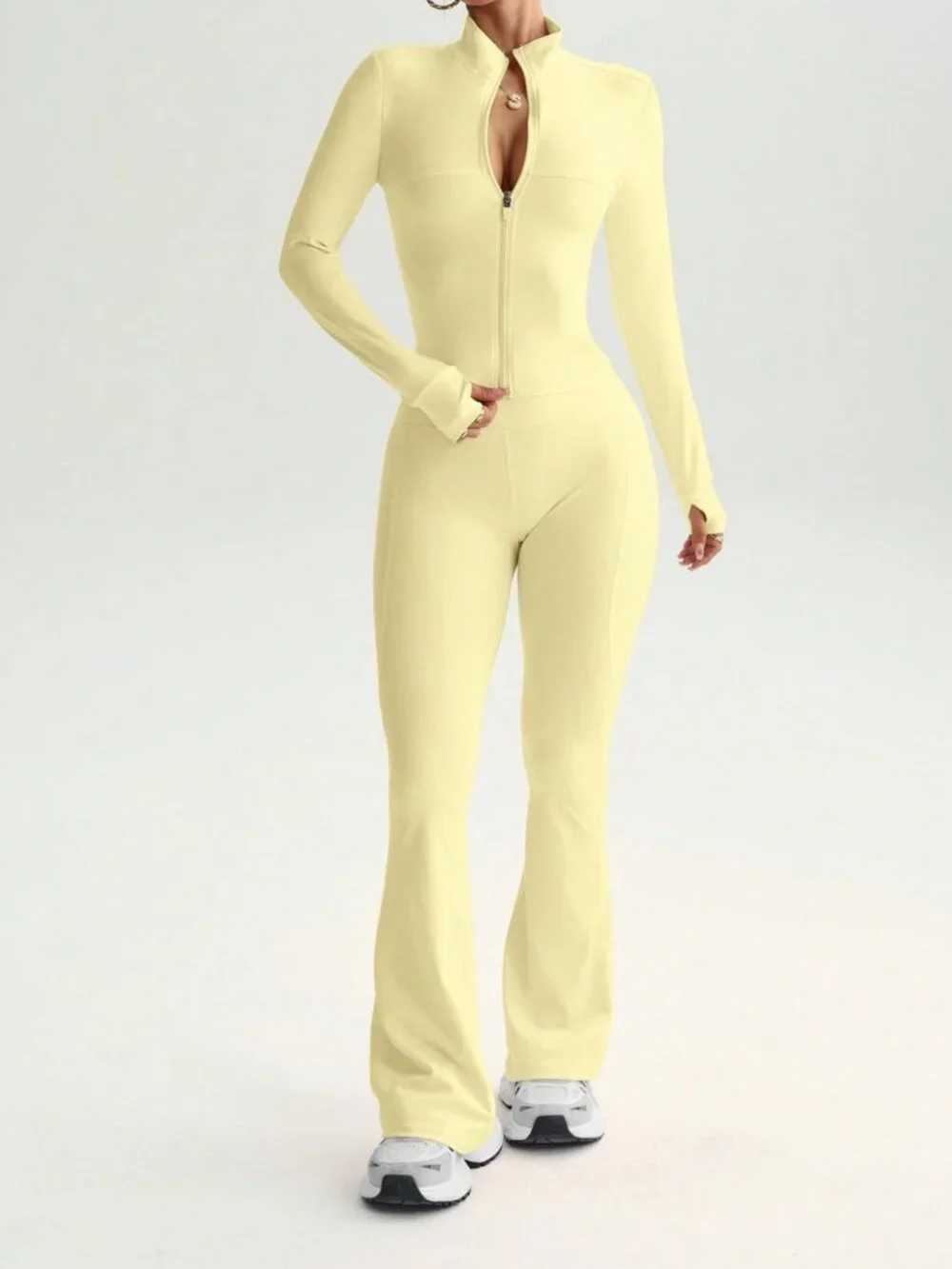 Yellow Slim Women's Zipper Fly Plain Stand Collar Athletic Set